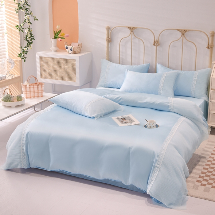 91家纺网 家纺一手货源 找家纺 花香四季 2023新款水洗真丝四件套-甜心 清新蓝