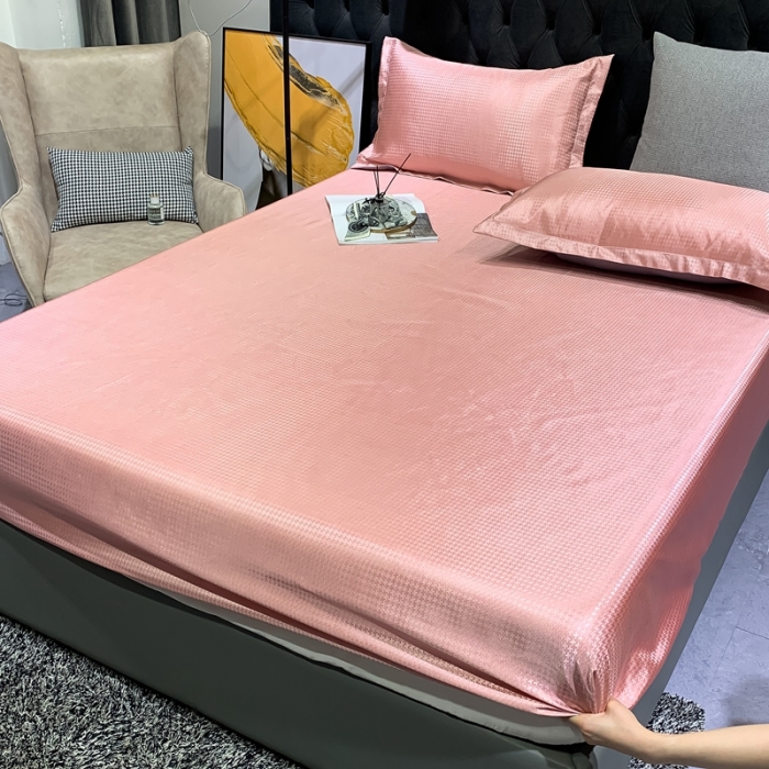 91家纺网 家纺一手货源 找家纺 春寻 2022新款千鸟格床笠款凉席三件套 千鸟格-粉豆沙