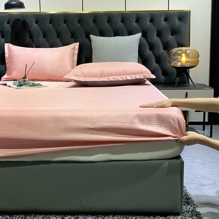 91家纺网 家纺一手货源 找家纺 春寻 2022新款千鸟格床笠款凉席三件套 千鸟格-粉豆沙