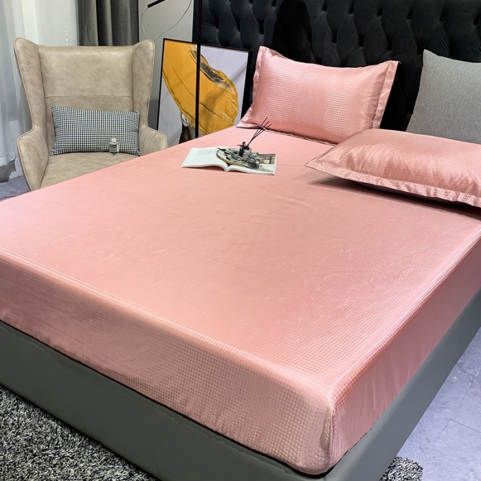 91家纺网 家纺一手货源 找家纺 春寻 2022新款千鸟格床笠款凉席三件套 千鸟格-粉豆沙