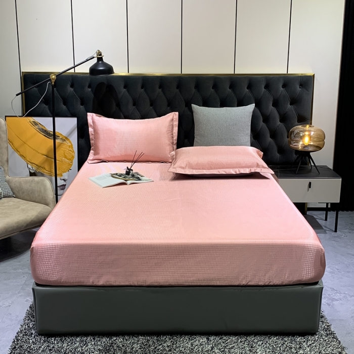 91家纺网 家纺一手货源 找家纺 春寻 2022新款千鸟格床笠款凉席三件套 千鸟格-粉豆沙