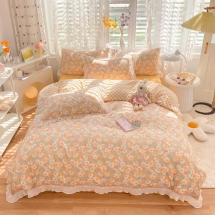 91家纺网 家纺一手货源 找家纺 大米家居双面用小雏菊雪纺花边海岛棉四件套 小雏菊-菊（黄色）