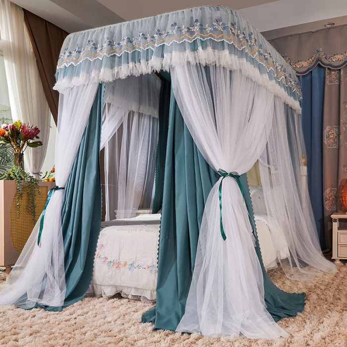 91家纺网 家纺一手货源 找家纺 艾晶美 2022新款双层遮光导轨抗A类抗菌床幔蚊帐松石绿布帘