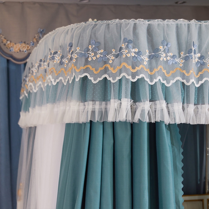 91家纺网 家纺一手货源 找家纺 艾晶美 2022新款双层遮光导轨抗A类抗菌床幔蚊帐松石绿布帘