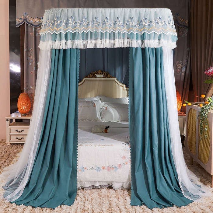 91家纺网 家纺一手货源 找家纺 艾晶美 2022新款双层遮光导轨抗A类抗菌床幔蚊帐松石绿布帘