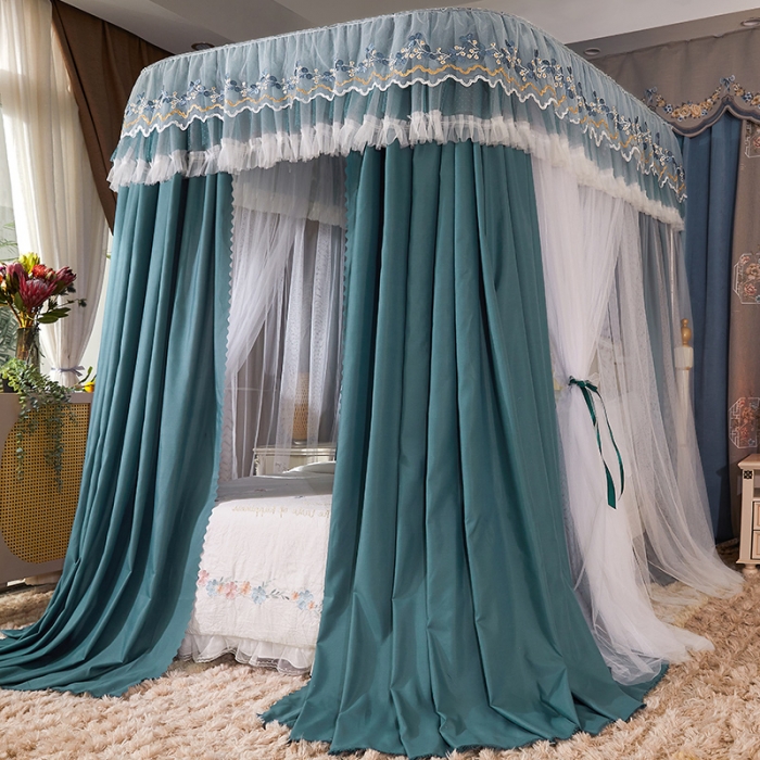 91家纺网 家纺一手货源 找家纺 艾晶美 2022新款双层遮光导轨抗A类抗菌床幔蚊帐松石绿布帘