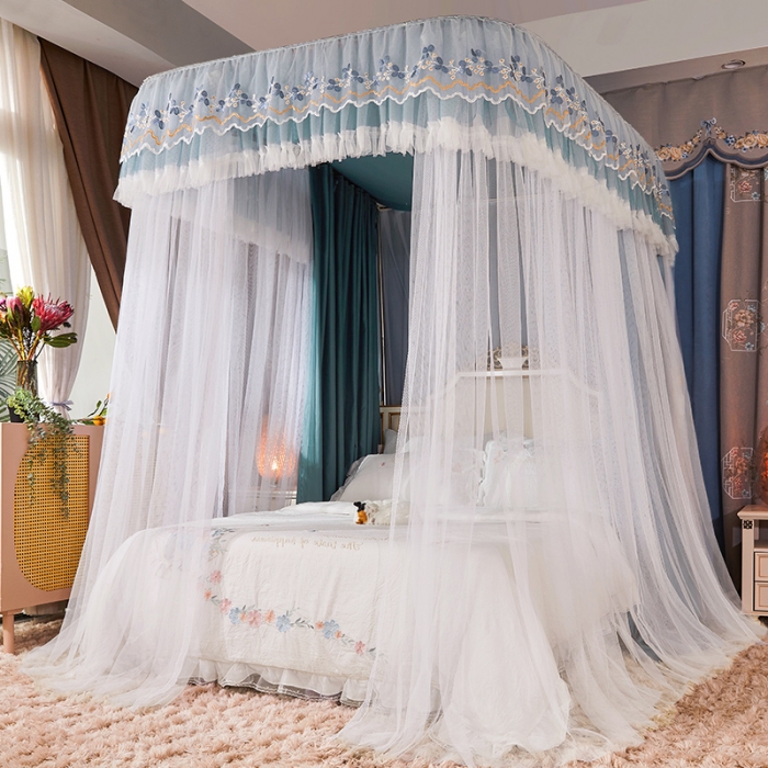 91家纺网 家纺一手货源 找家纺 艾晶美 2022新款双层遮光导轨抗A类抗菌床幔蚊帐松石绿布帘