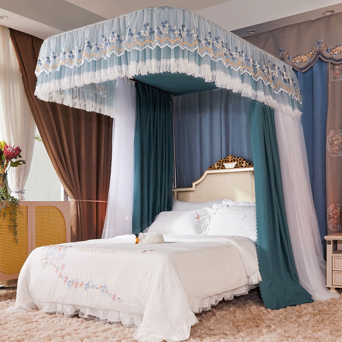 91家纺网 家纺一手货源 找家纺 艾晶美 2022新款双层遮光导轨抗A类抗菌床幔蚊帐松石绿布帘