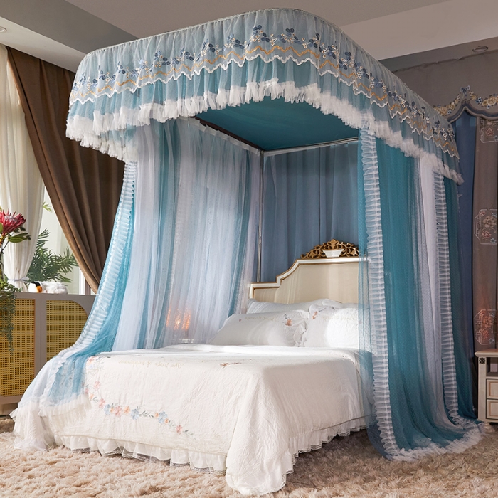 91家纺网 家纺一手货源 找家纺 艾晶美 2022新款双层遮光导轨抗A类抗菌床幔蚊帐松石绿纱帘