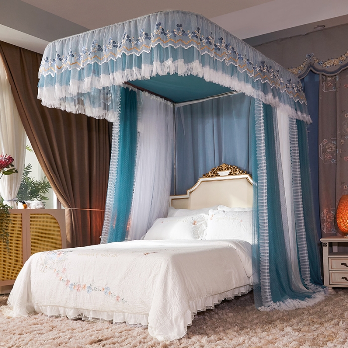 91家纺网 家纺一手货源 找家纺 艾晶美 2022新款双层遮光导轨抗A类抗菌床幔蚊帐松石绿纱帘