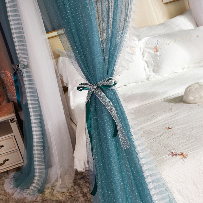 91家纺网 家纺一手货源 找家纺 艾晶美 2022新款双层遮光导轨抗A类抗菌床幔蚊帐松石绿纱帘