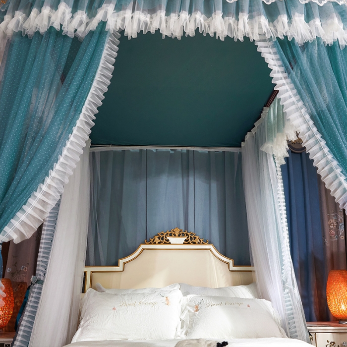 91家纺网 家纺一手货源 找家纺 艾晶美 2022新款双层遮光导轨抗A类抗菌床幔蚊帐松石绿纱帘