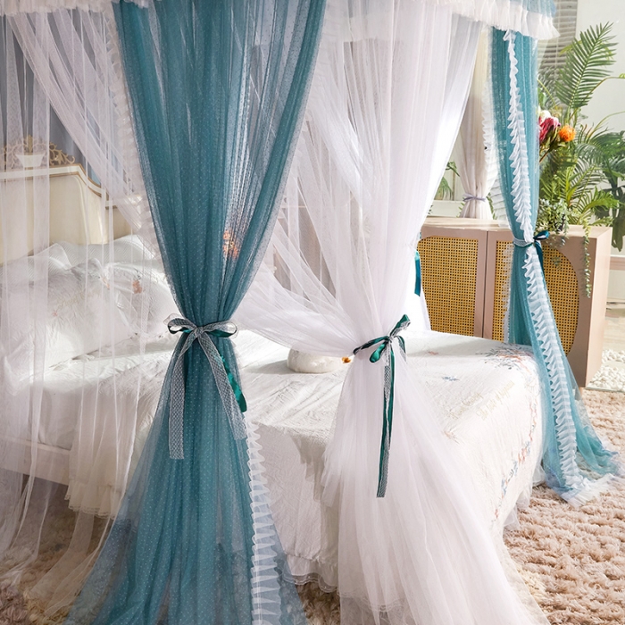 91家纺网 家纺一手货源 找家纺 艾晶美 2022新款双层遮光导轨抗A类抗菌床幔蚊帐松石绿纱帘