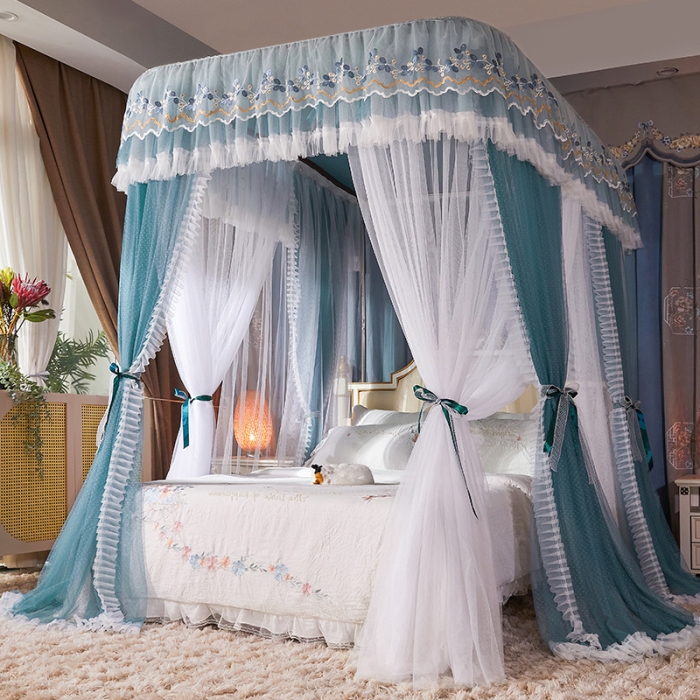 91家纺网 家纺一手货源 找家纺 艾晶美 2022新款双层遮光导轨抗A类抗菌床幔蚊帐松石绿纱帘