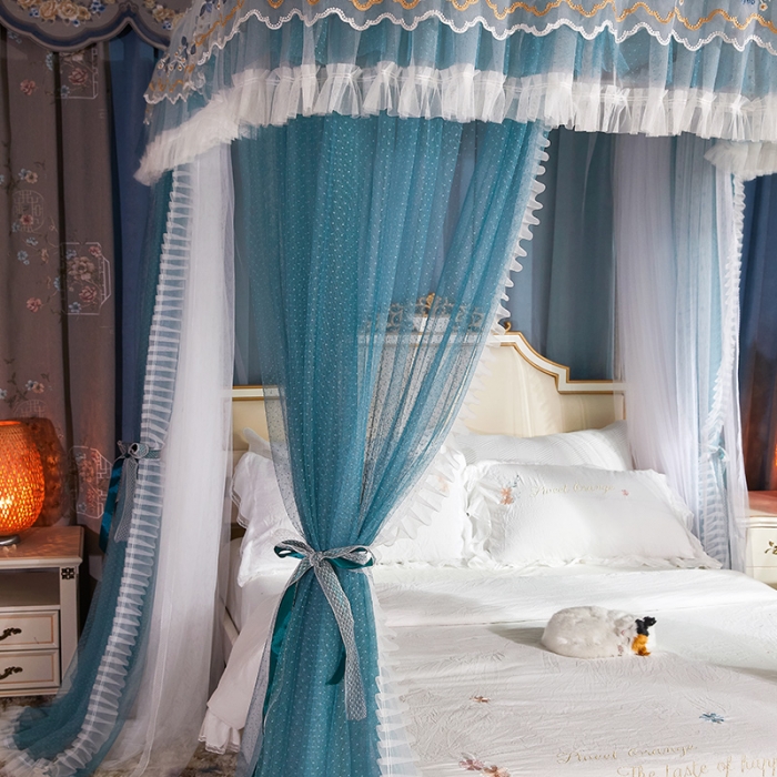 91家纺网 家纺一手货源 找家纺 艾晶美 2022新款双层遮光导轨抗A类抗菌床幔蚊帐松石绿纱帘