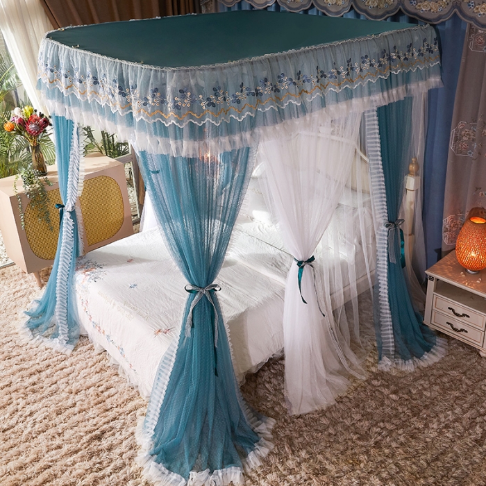 91家纺网 家纺一手货源 找家纺 艾晶美 2022新款双层遮光导轨抗A类抗菌床幔蚊帐松石绿纱帘