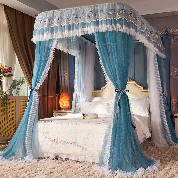 91家纺网 家纺一手货源 找家纺 艾晶美 2022新款双层遮光导轨抗A类抗菌床幔蚊帐松石绿纱帘