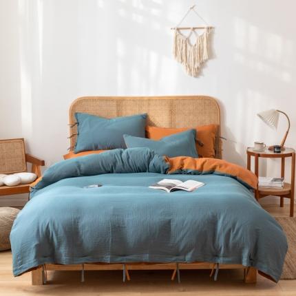 91家纺网 家纺一手货源 找家纺 简家居 2022新款双层纱系袋款四件套 蓝黄