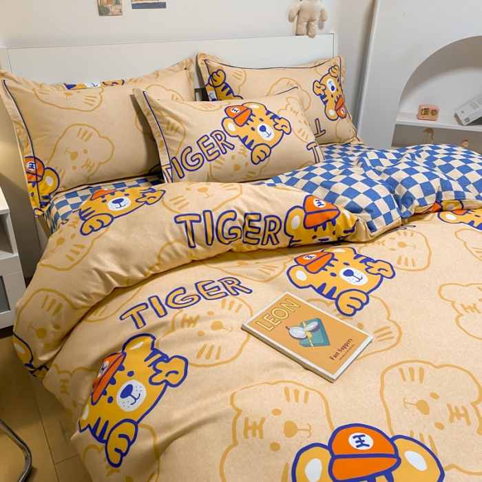 91家纺网 家纺一手货源 找家纺 金爱家 2021新款纯棉磨毛小清新四件套小老虎