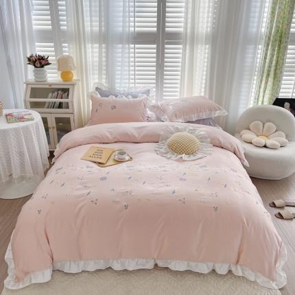 优悦 2022新款冰丝绣花四件套浅汐-花香粉