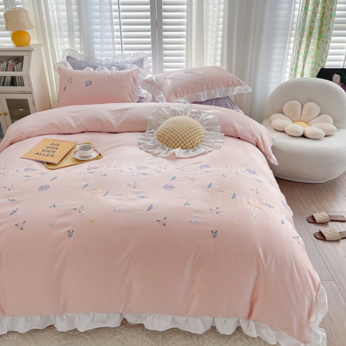 91家纺网 家纺一手货源 找家纺 优悦 2022新款冰丝绣花四件套浅汐-花香粉