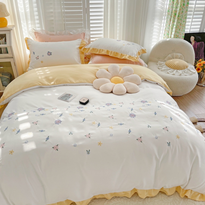 91家纺网 家纺一手货源 找家纺 优悦 2022新款冰丝绣花四件套浅汐-牛乳黄