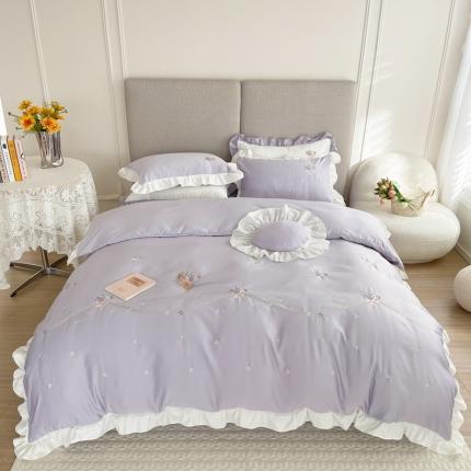 91家纺网 家纺一手货源 找家纺 优悦 2022新款花边款冰丝刺绣四件套 花悦-花香紫