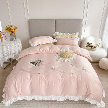 91家纺网 家纺一手货源 找家纺 优悦 2022新款花边款冰丝刺绣四件套 花悦-樱花粉