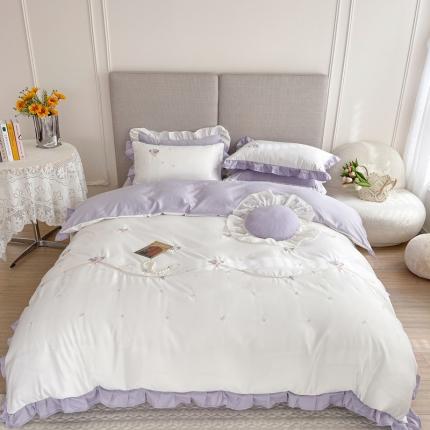 优悦 2022新款花边款冰丝刺绣四件套 花悦白＋紫