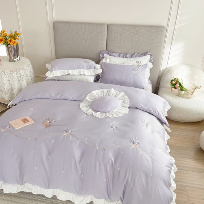 91家纺网 家纺一手货源 找家纺 优悦 2022新款花边款冰丝刺绣四件套 花悦-花香紫