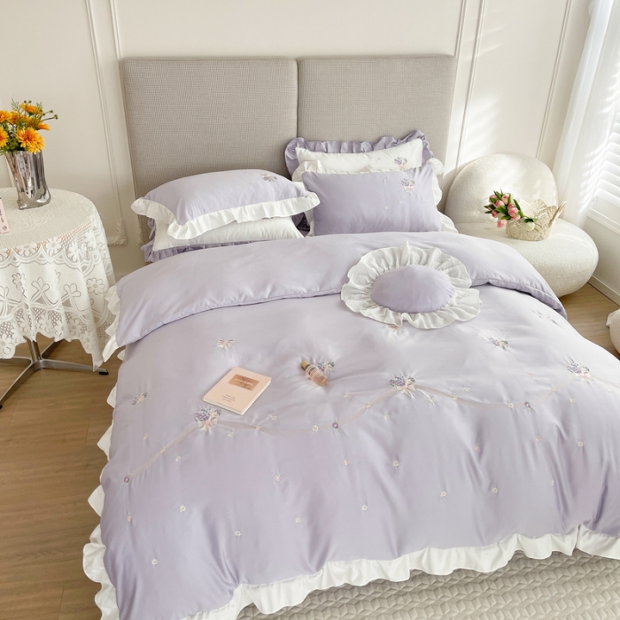 91家纺网 家纺一手货源 找家纺 优悦 2022新款花边款冰丝刺绣四件套 花悦-花香紫