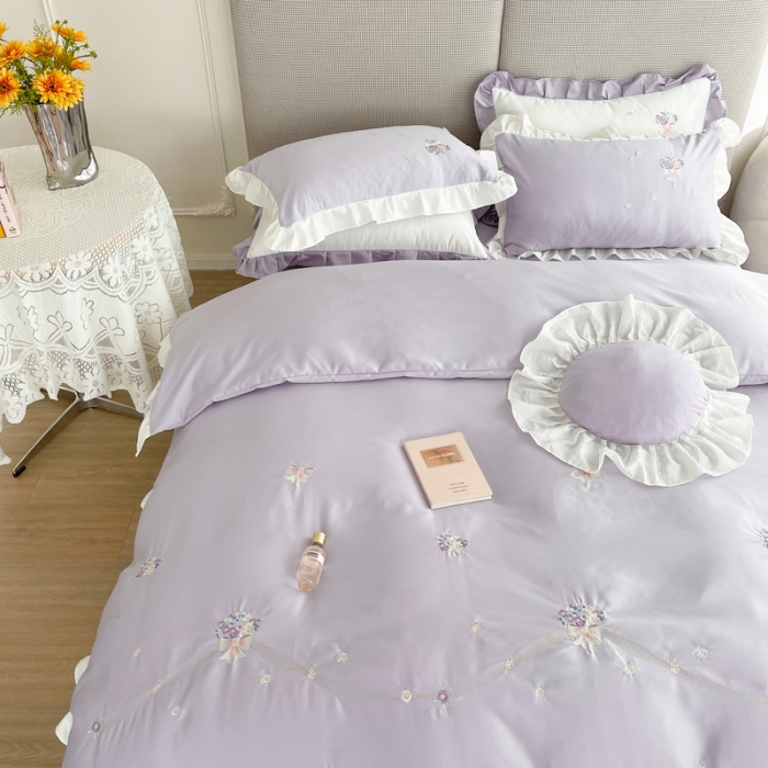 91家纺网 家纺一手货源 找家纺 优悦 2022新款花边款冰丝刺绣四件套 花悦-花香紫