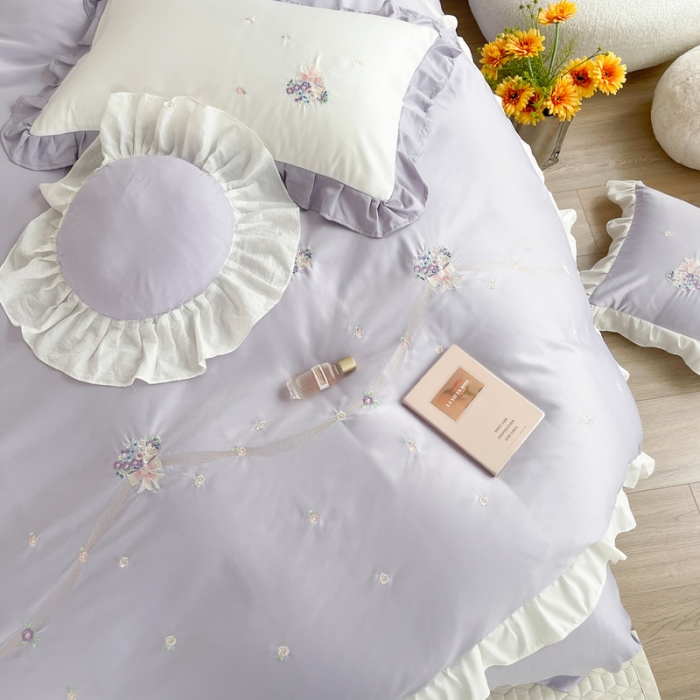 91家纺网 家纺一手货源 找家纺 优悦 2022新款花边款冰丝刺绣四件套 花悦-花香紫