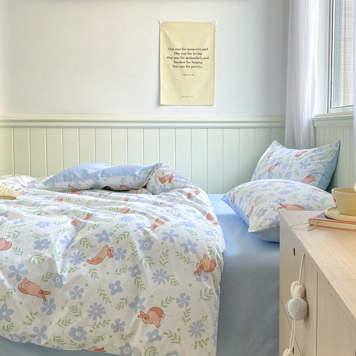 91家纺网 家纺一手货源 找家纺 琪格格 2022新款13372全棉印花四件套 田园兔