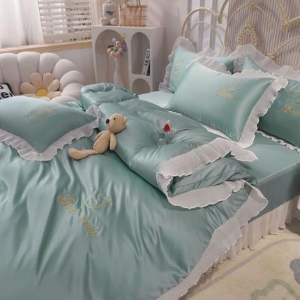 91家纺网 家纺一手货源 找家纺 花香四季 2023新款水洗真丝四件套-甜心 小熊绿