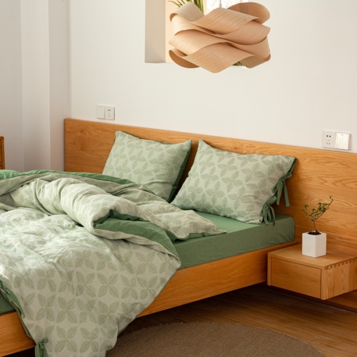 91家纺网 家纺一手货源 找家纺 安莱生活 2022新款全棉双层纱蝴蝶结四件套 四叶草-草绿