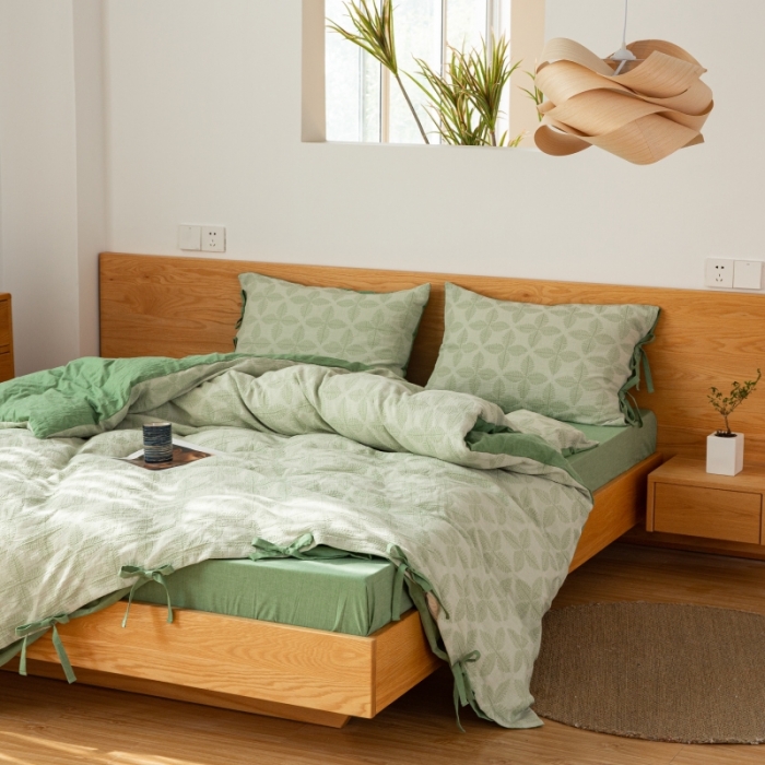 91家纺网 家纺一手货源 找家纺 安莱生活 2022新款全棉双层纱蝴蝶结四件套 四叶草-草绿