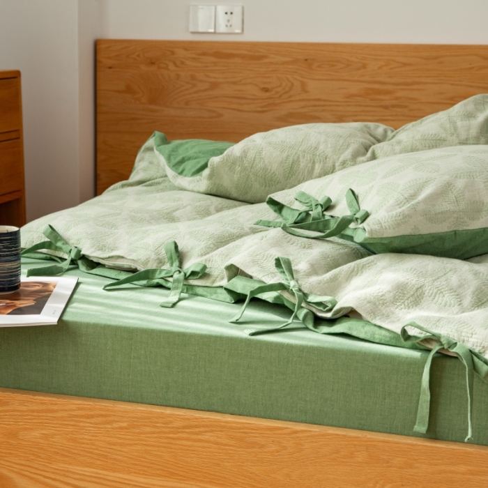 91家纺网 家纺一手货源 找家纺 安莱生活 2022新款全棉双层纱蝴蝶结四件套 四叶草-草绿