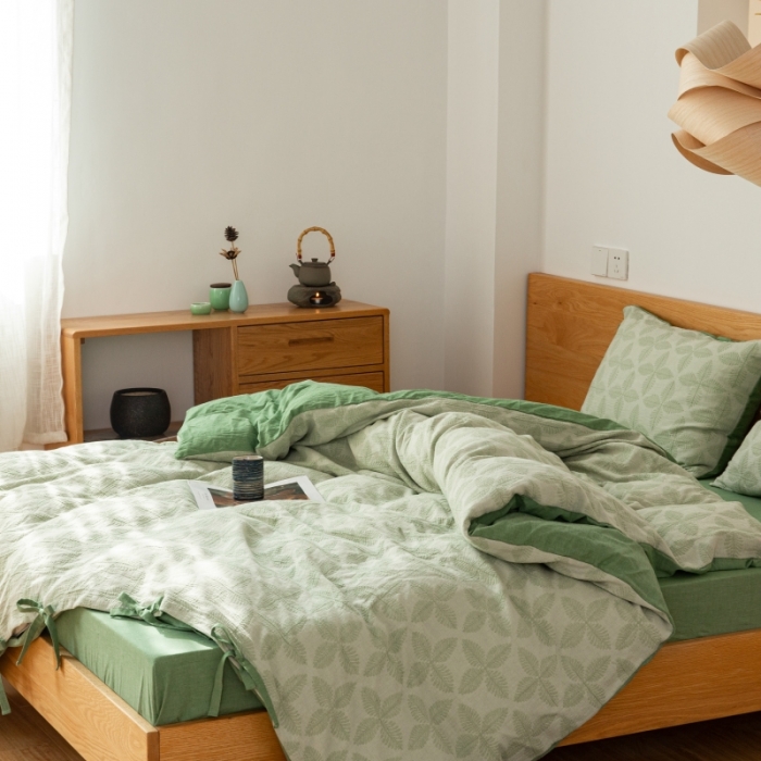 91家纺网 家纺一手货源 找家纺 安莱生活 2022新款全棉双层纱蝴蝶结四件套 四叶草-草绿