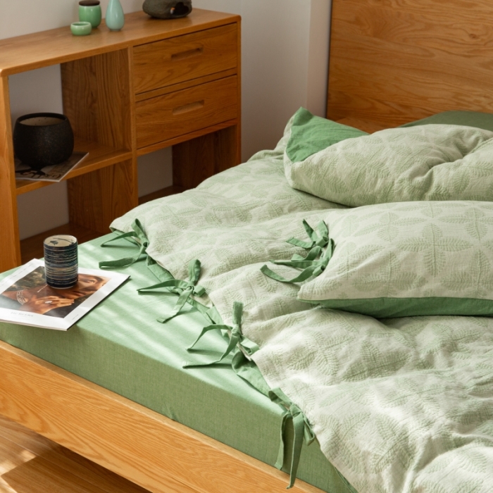 91家纺网 家纺一手货源 找家纺 安莱生活 2022新款全棉双层纱蝴蝶结四件套 四叶草-草绿