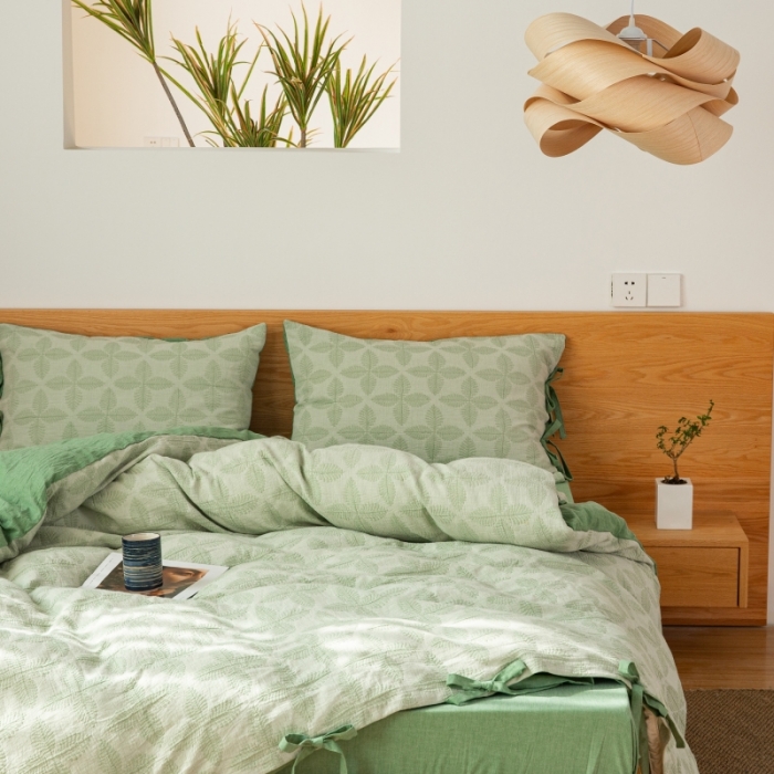 91家纺网 家纺一手货源 找家纺 安莱生活 2022新款全棉双层纱蝴蝶结四件套 四叶草-草绿