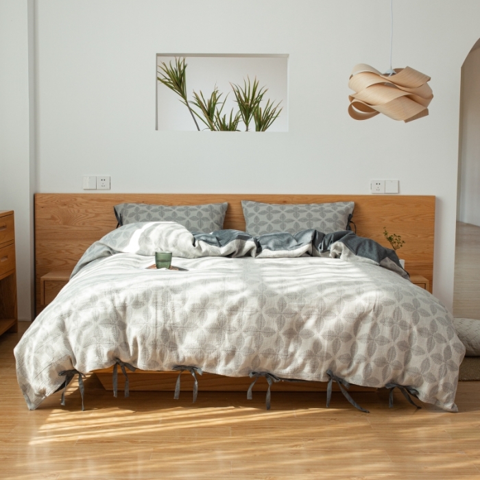 91家纺网 家纺一手货源 找家纺 安莱生活 2022新款全棉双层纱蝴蝶结四件套 四叶草-黑灰