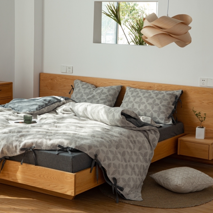 91家纺网 家纺一手货源 找家纺 安莱生活 2022新款全棉双层纱蝴蝶结四件套 四叶草-黑灰