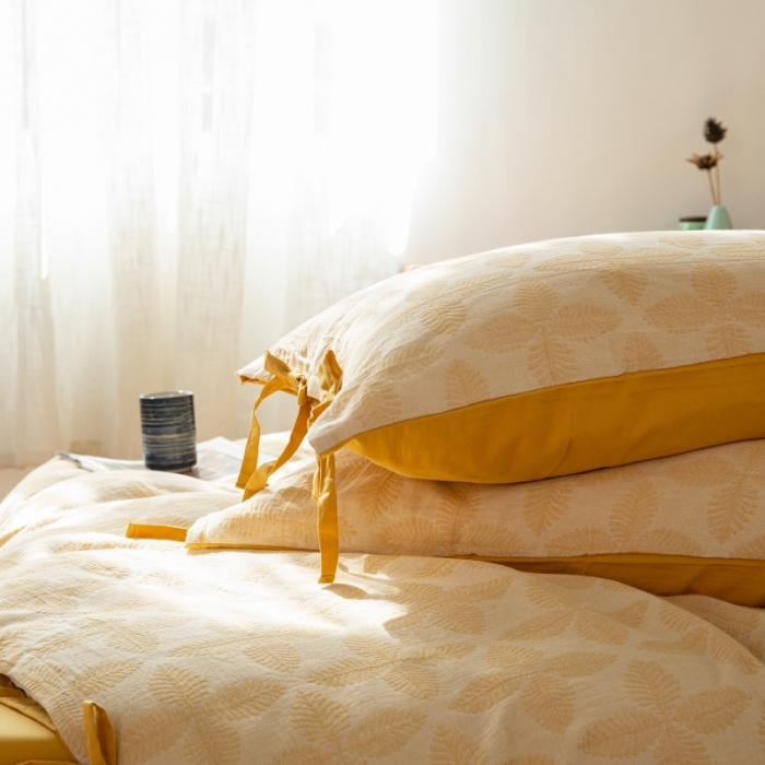 91家纺网 家纺一手货源 找家纺 安莱生活 2022新款全棉双层纱蝴蝶结四件套 四叶草-黄色