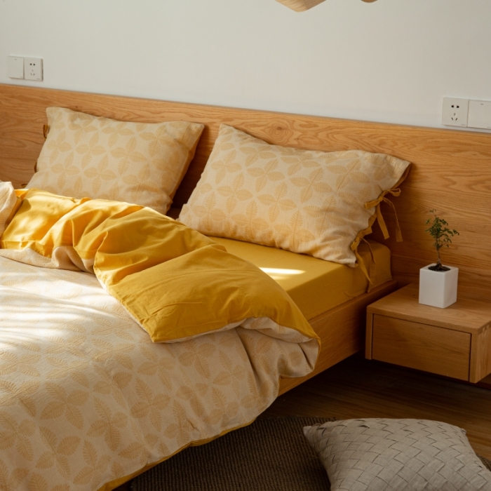 91家纺网 家纺一手货源 找家纺 安莱生活 2022新款全棉双层纱蝴蝶结四件套 四叶草-黄色