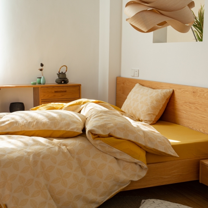 91家纺网 家纺一手货源 找家纺 安莱生活 2022新款全棉双层纱蝴蝶结四件套 四叶草-黄色