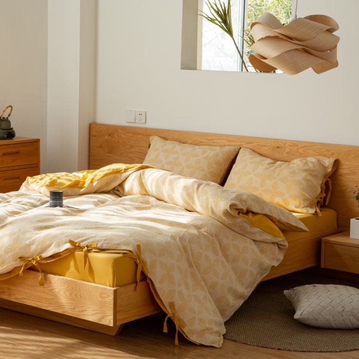 91家纺网 家纺一手货源 找家纺 安莱生活 2022新款全棉双层纱蝴蝶结四件套 四叶草-黄色