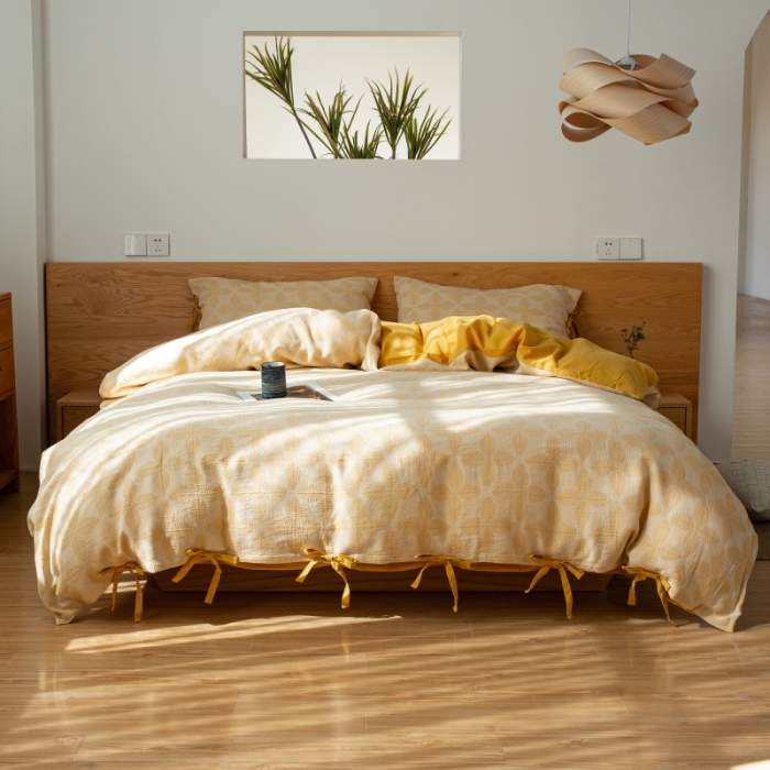 91家纺网 家纺一手货源 找家纺 安莱生活 2022新款全棉双层纱蝴蝶结四件套 四叶草-黄色