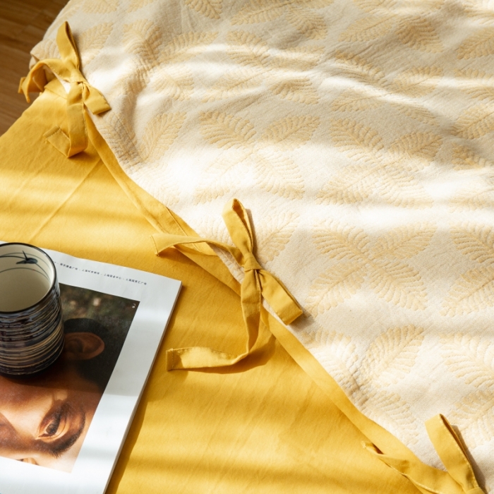 91家纺网 家纺一手货源 找家纺 安莱生活 2022新款全棉双层纱蝴蝶结四件套 四叶草-黄色