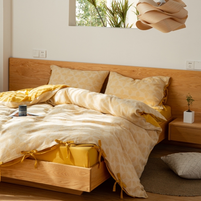 91家纺网 家纺一手货源 找家纺 安莱生活 2022新款全棉双层纱蝴蝶结四件套 四叶草-黄色